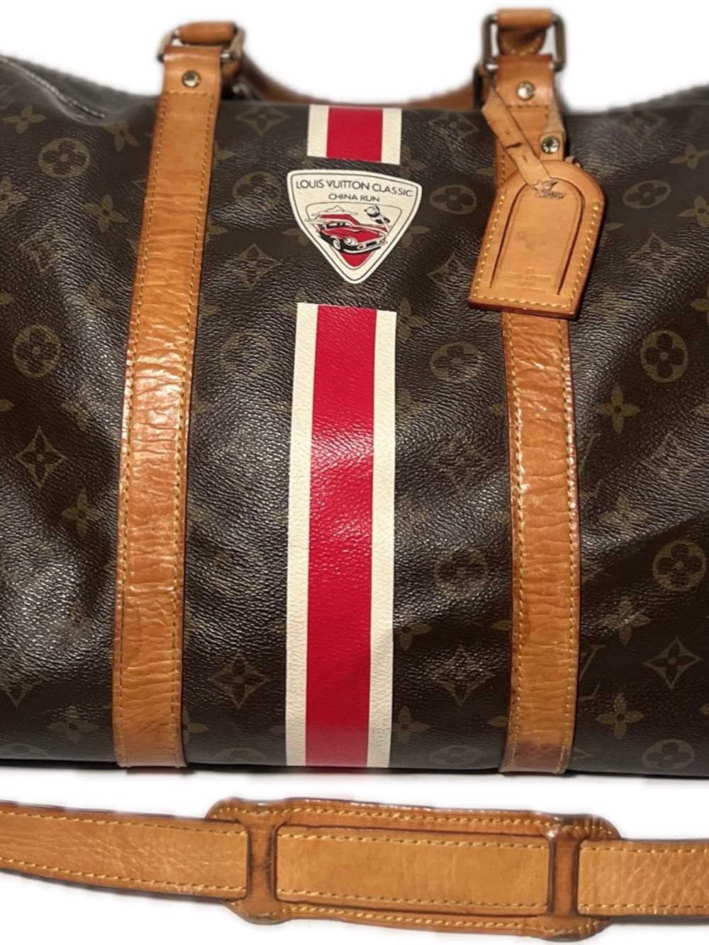 Louis Vuitton Brown Monogram Duffel with Red and White Stripe - Picture 2 of 5